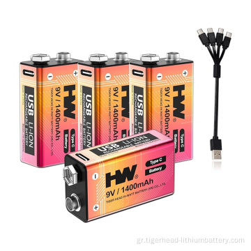 4PCS 9V 5180mWh USB-C Επαναφορτιζόμενη μπαταρία λιθίου